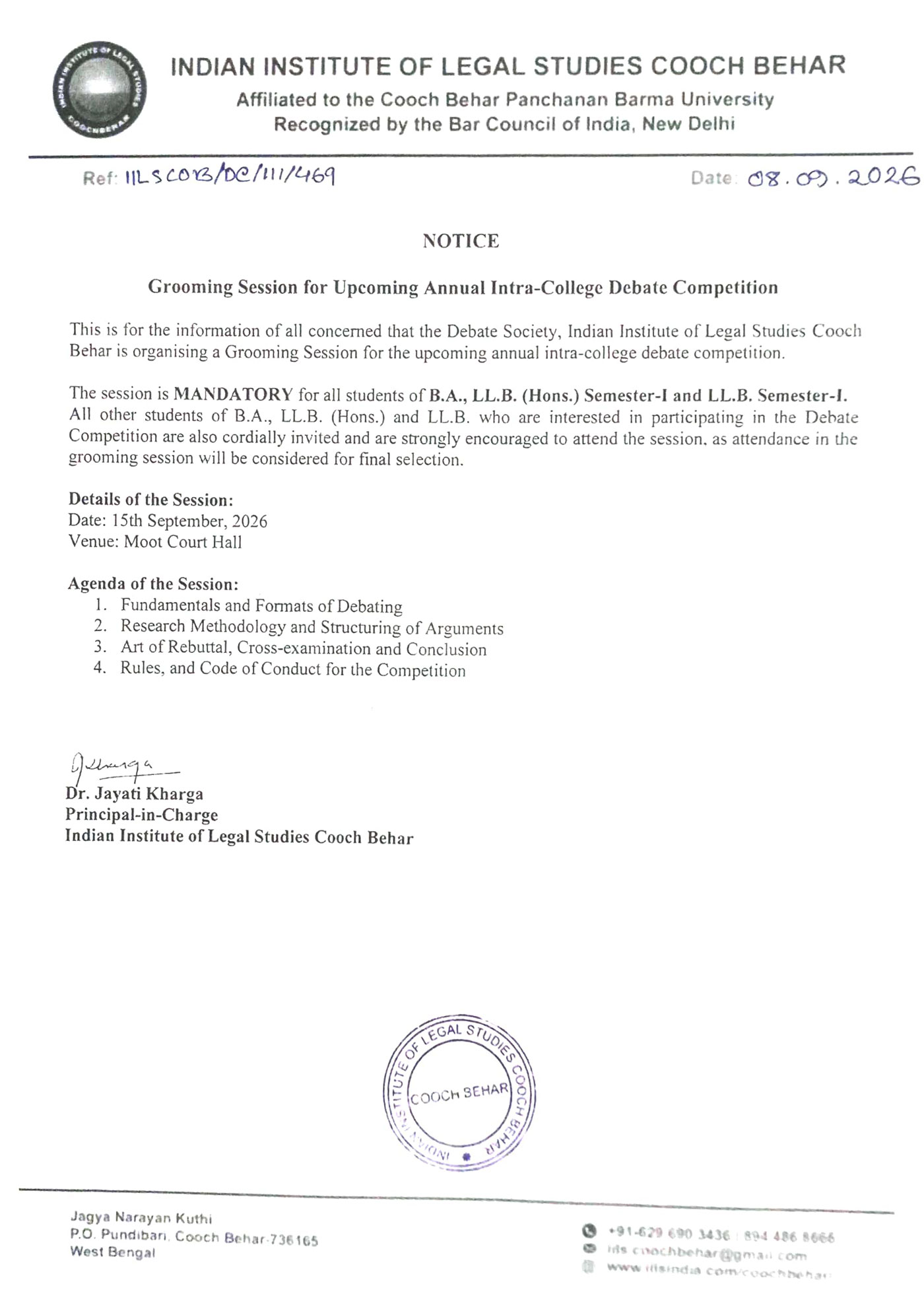 Notice for Debate Competition Grooming Session